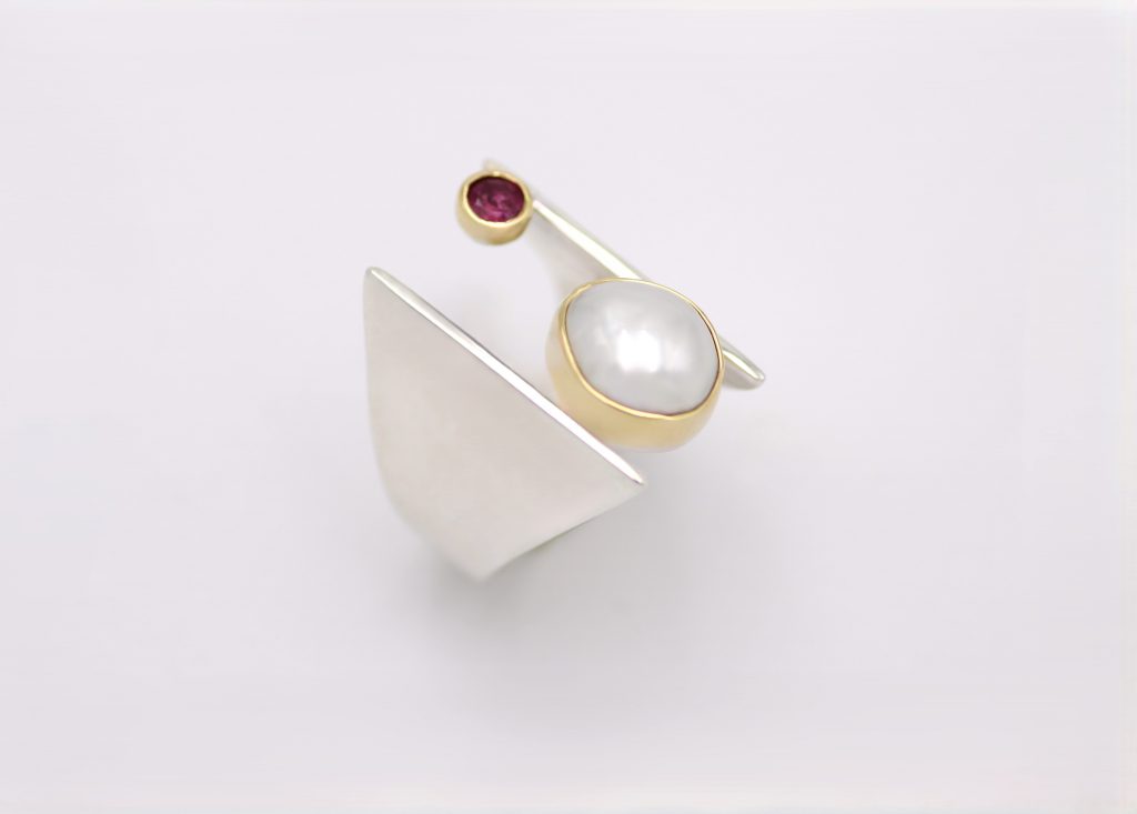 “Balance Ι” Ring, silver and gold, pearl, tourmaline