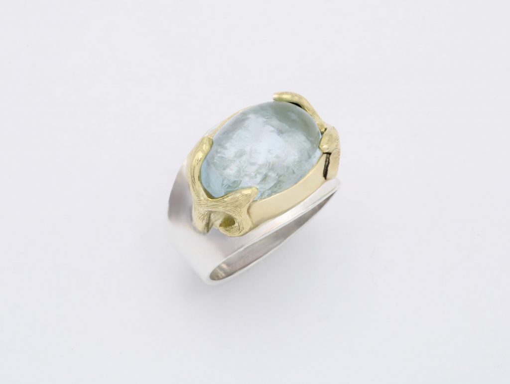 “Byzantine I” Ring, silver and gold, aqua marina