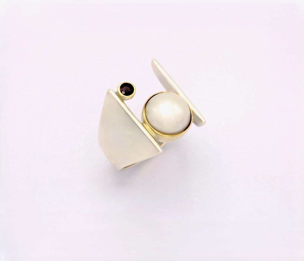 “Balance ΙΙ ” Ring, silver and gold, pearl, tourmaline