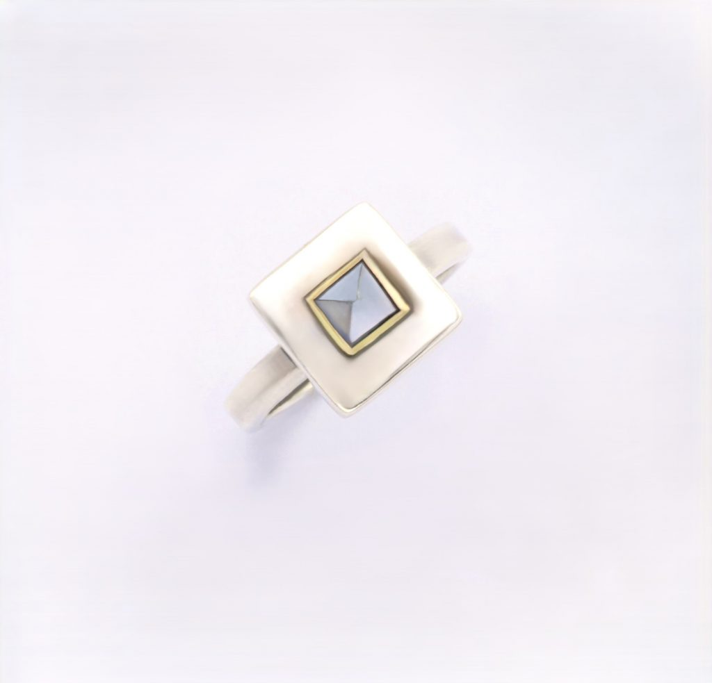 “Carre” Ring, silver and gold, tourmaline