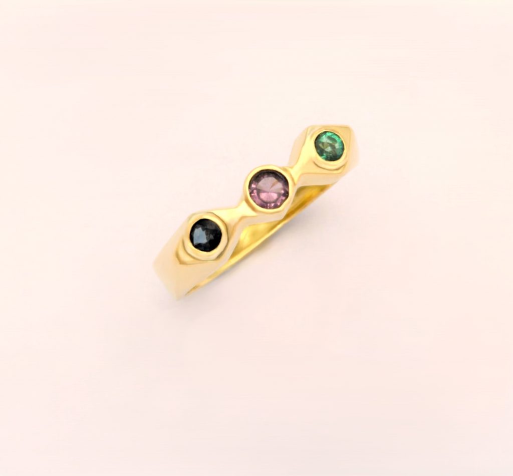 “” Ring, gold, saphire, ruby, emerald