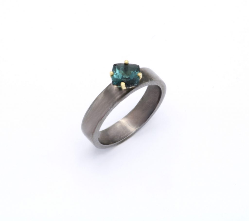 “Solitaire” Ring, silver and gold, tourmaline