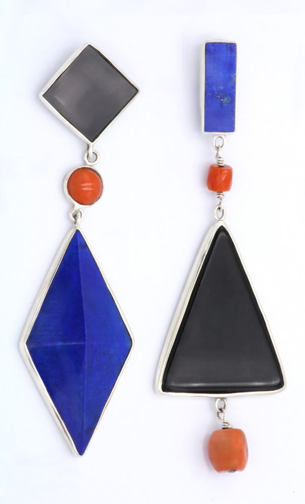 “Balanced asymmetry” Earrings silver, lapis, onyx, coral