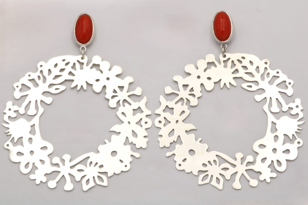 “Jungle wreath” Earrings silver coral