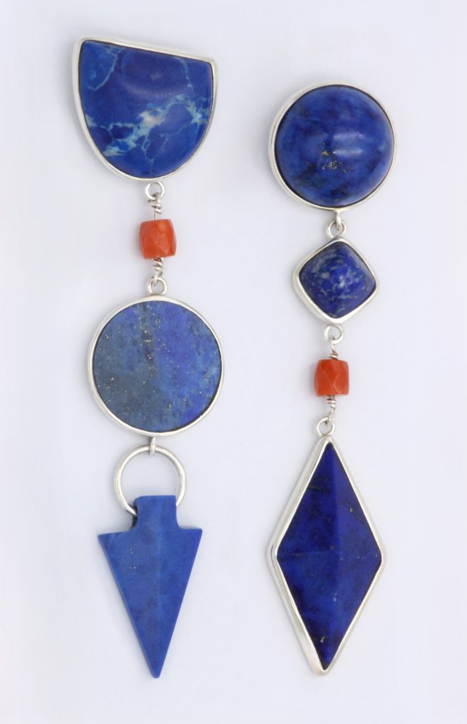 “Balanced asymmetry” Earrings silver, lapis, coral