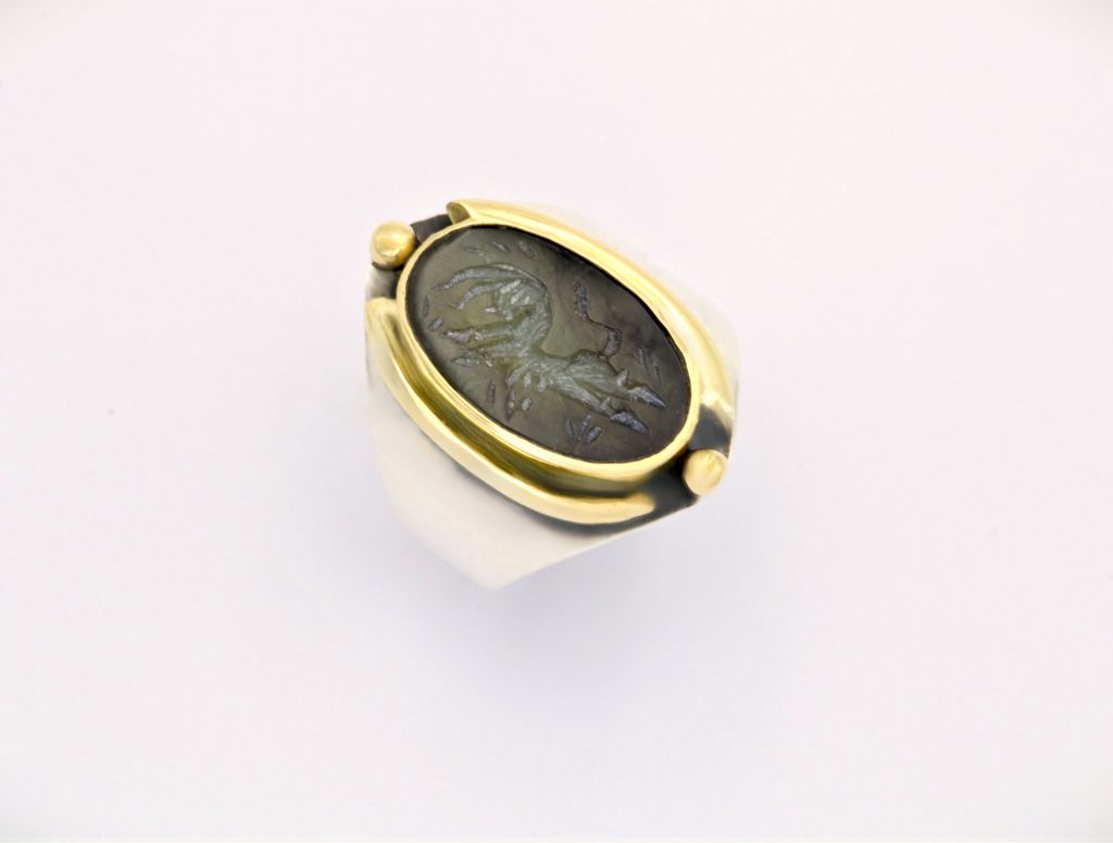 “Cleopatra” Ring, silver and gold, steatite