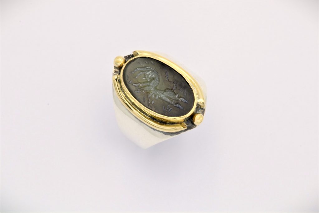 “Cleopatra” Ring, silver and gold, steatite