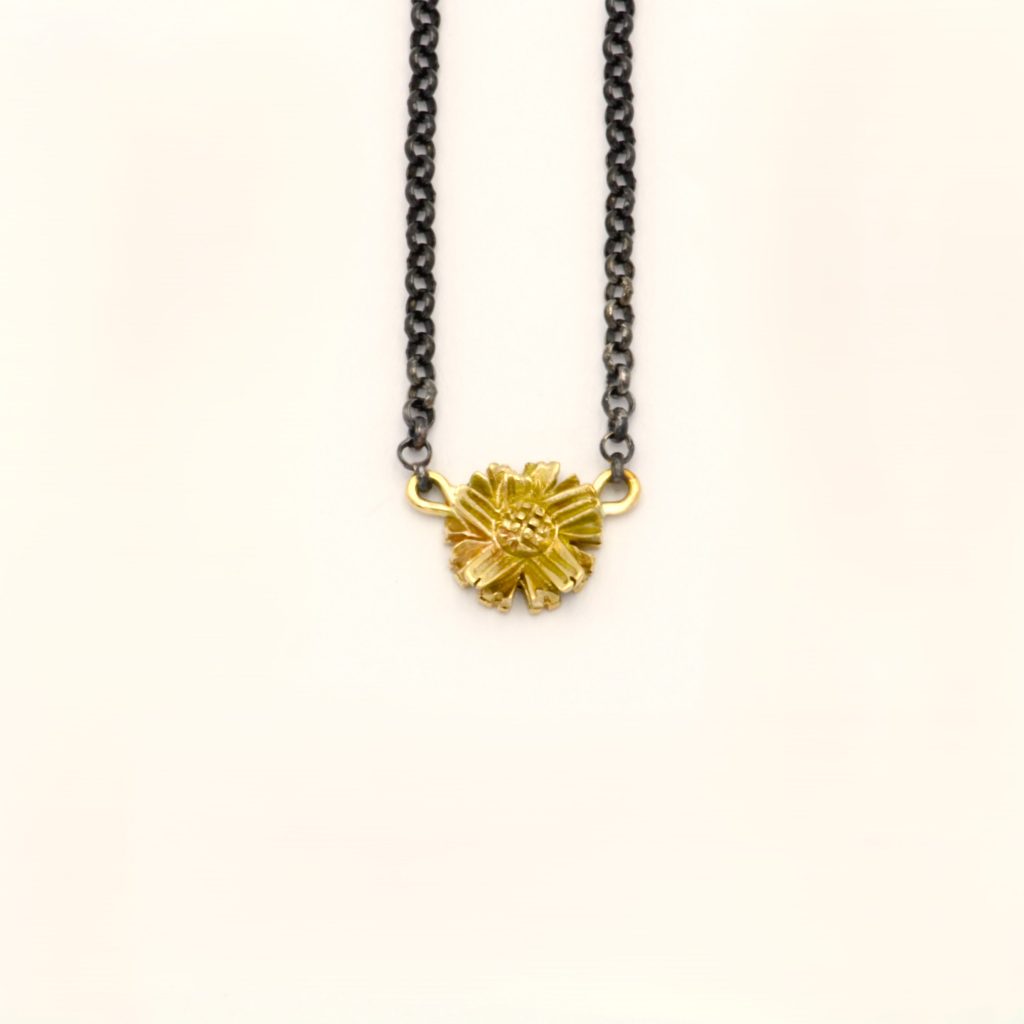 Carved flower” Necklace silver and gold, black, yellow