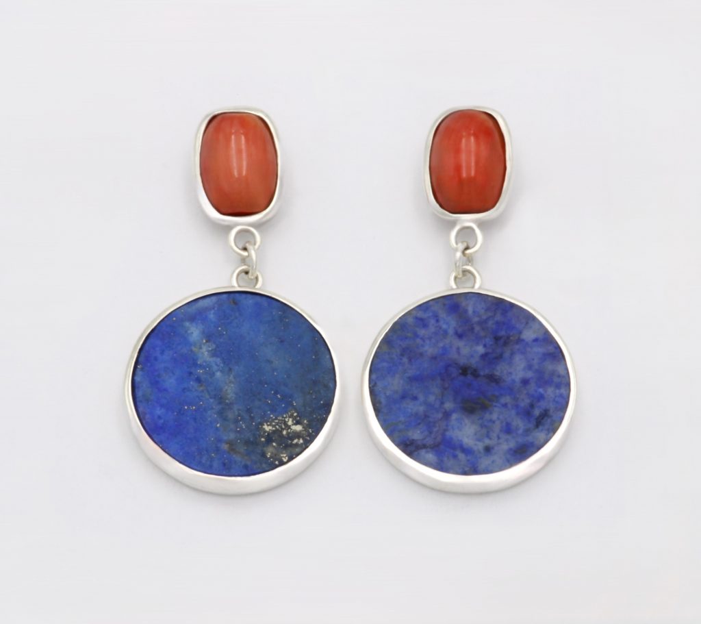 “Balanced asymmetry” Earrings silver, coral, lapis lazouli